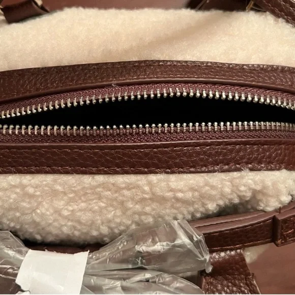 Aspen satchel bag cream Sherpa with brown faux leather trim with pouch NWT - Picture 6 of 12
